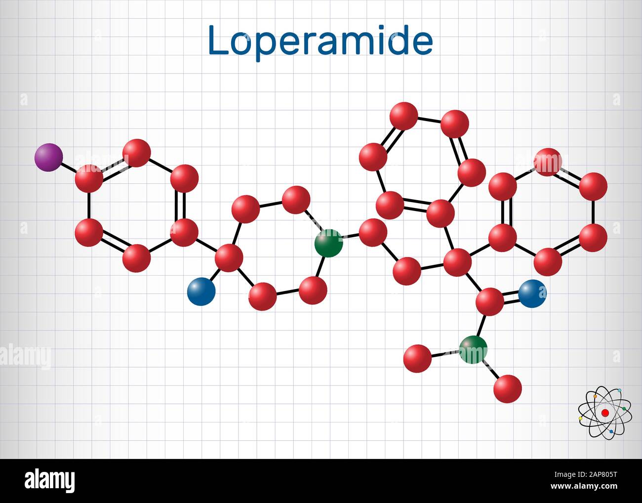 Loperamide, long-acting synthetic antidiarrheal molecule. Structural chemical formula and molecule model. Sheet of paper in a cage. Vector illustratio Stock Vector