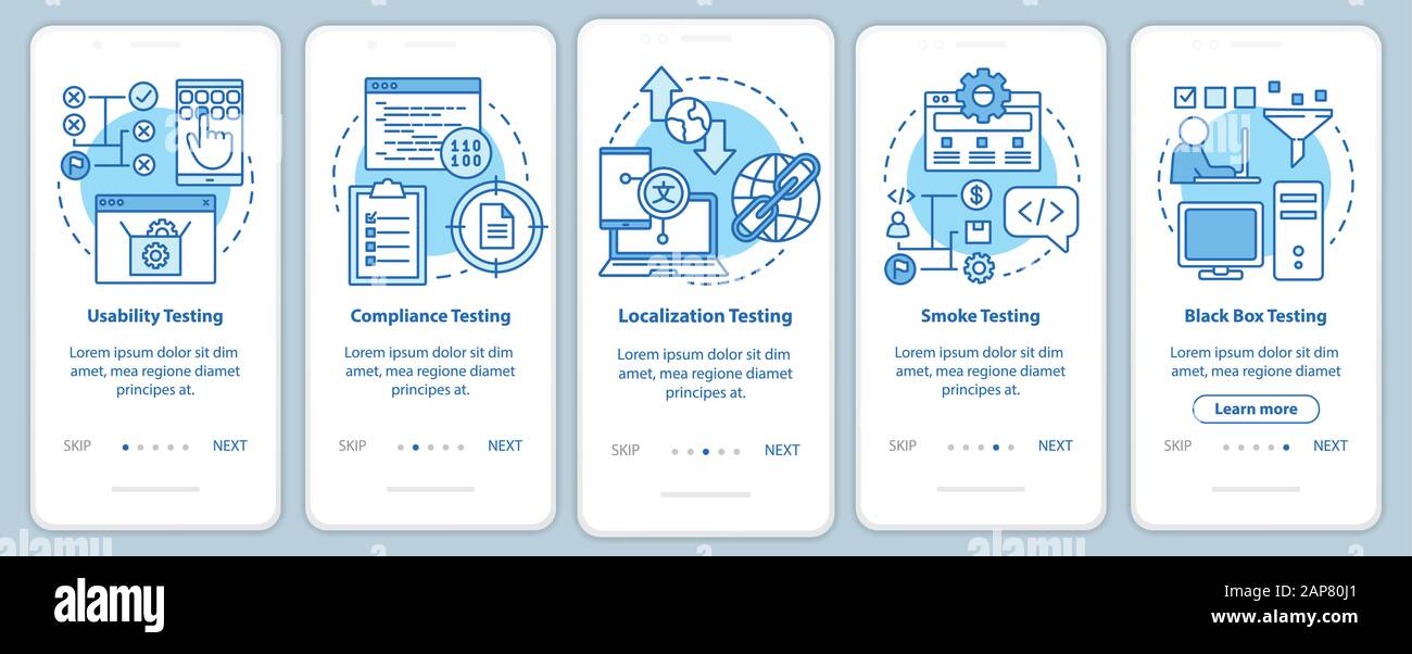 Non-functional software testing blue onboarding mobile app page screen vector template. Usability analysis. Walkthrough website steps with linear illu Stock Vector