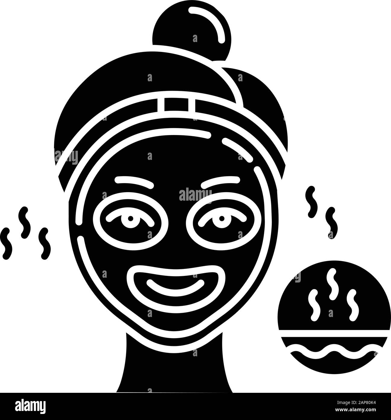 Using thermal mask glyph icon. Skin care procedure. Facial beauty treatment to open up pores. Face product for cleansing effect. Silhouette symbol. Ne Stock Vector