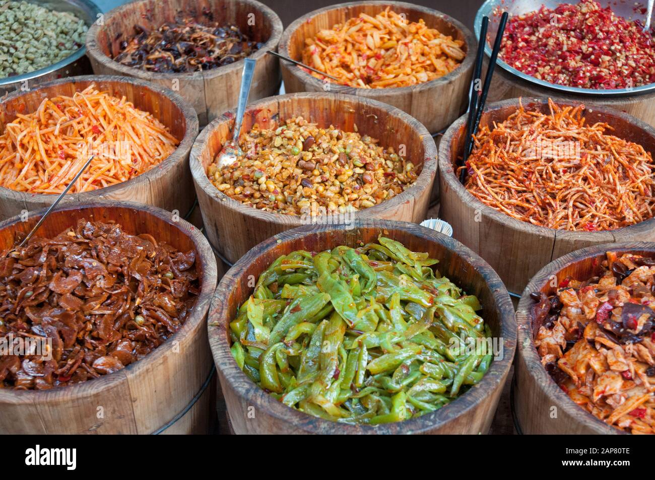 Traditional Chinese foodstuffs for sale in Laojie, the Old Street tourist precinct in Huangshan, Anhui Province, China Stock Photo