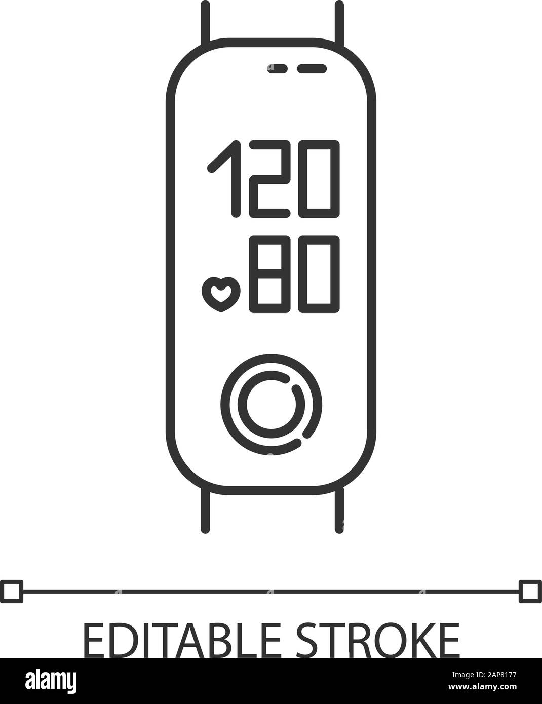 Fitness tracker with blood pressure measurement linear icon. Wellness