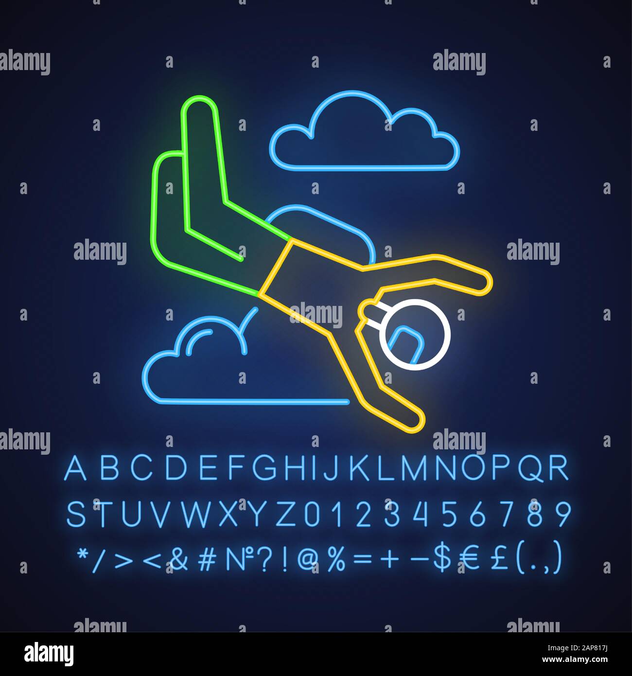 Skydiving neon light icon. Sky diving. Freefall tricks. Skydiver jumping with parachute. Parachutist flying in sky. Glowing sign with alphabet, number Stock Vector