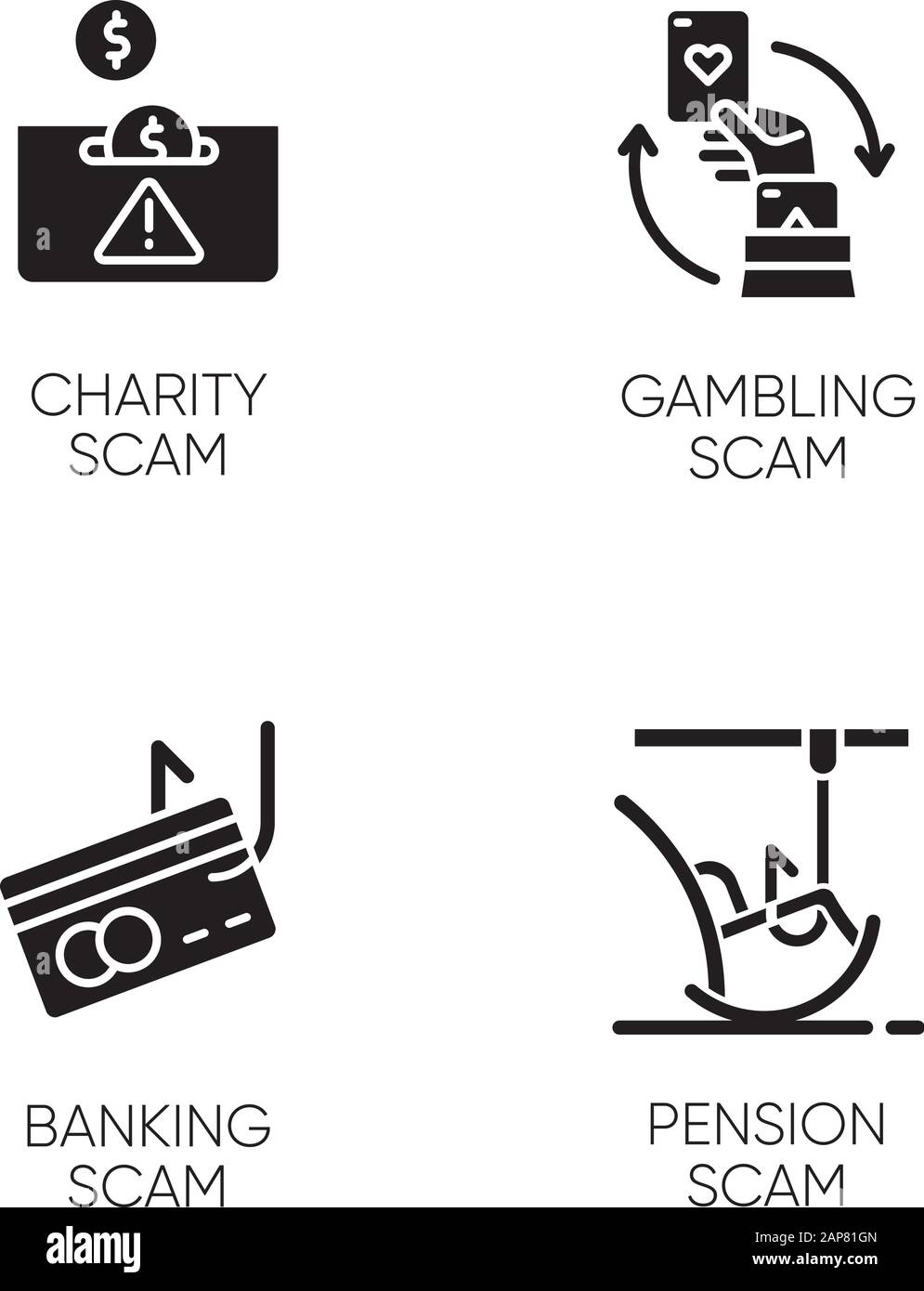 Scam types glyph icons set. Charity, pension fraudulent scheme. Gambling, banking trick. Cybercrime. Financial scamming. Illegal money gain. Silhouett Stock Vector
