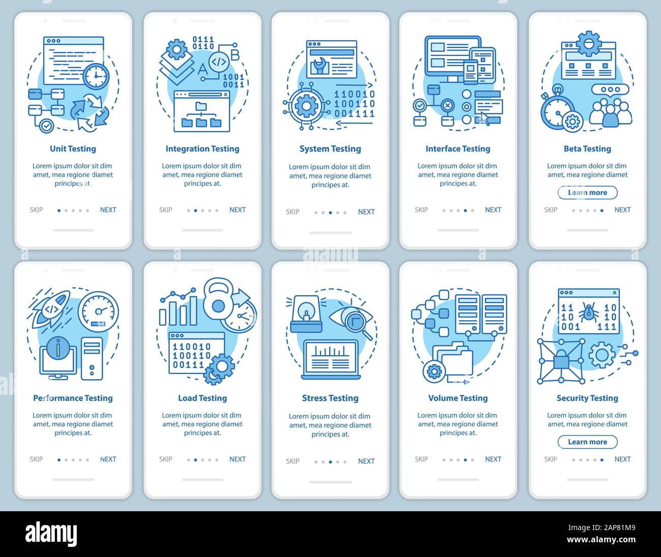 Software testing blue onboarding mobile app page screen vector template. Performance analysis. Walkthrough website steps with linear illustrations. UX Stock Vector