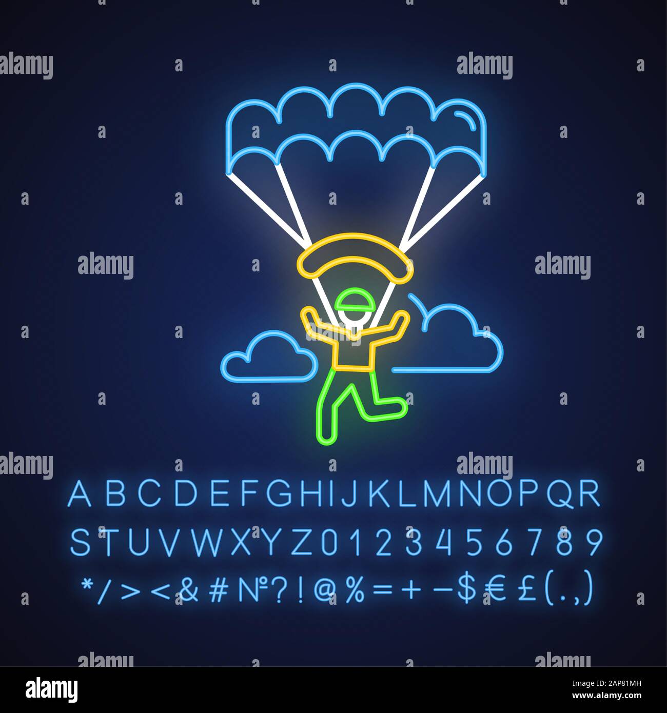 Paragliding neon light icon. Parachuting , paratrooping. Air extreme sport. Skydiving, hang gliding. Flights in sky and jumps with parachute. Glowing Stock Vector