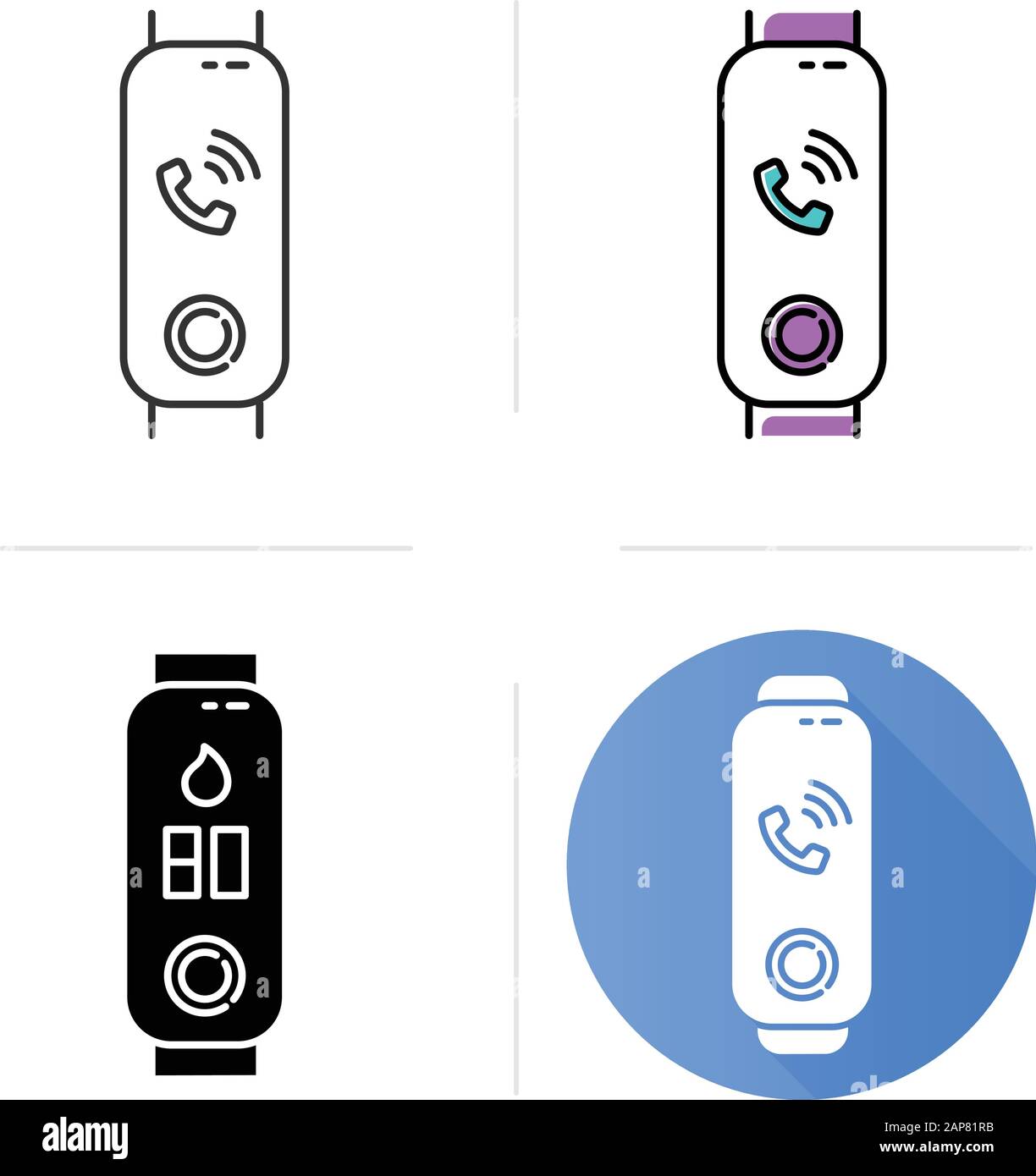 Fitness tracker with call on display icons set. Wellness