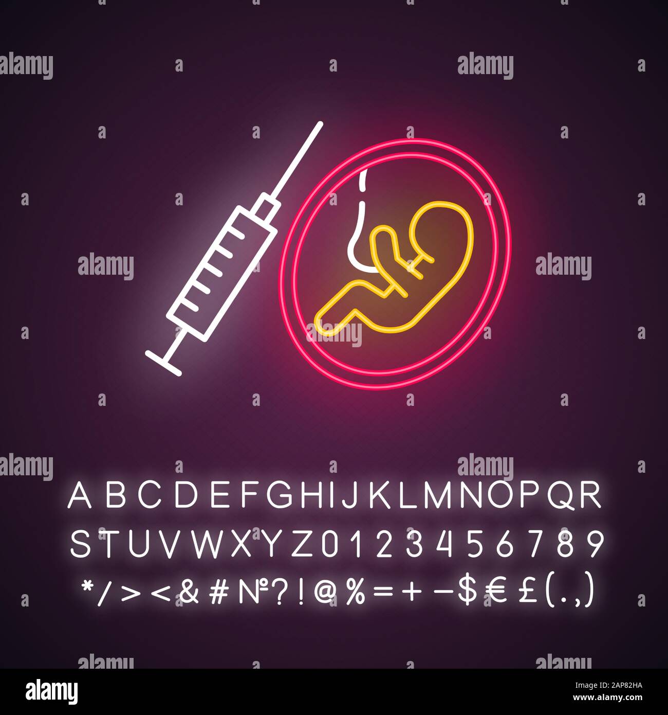 Forced abortion neon light icon. Pregnancy. Baby in mother womb. Birth control. Surgical procedure. Female rights. Glowing sign with alphabet, numbers Stock Vector