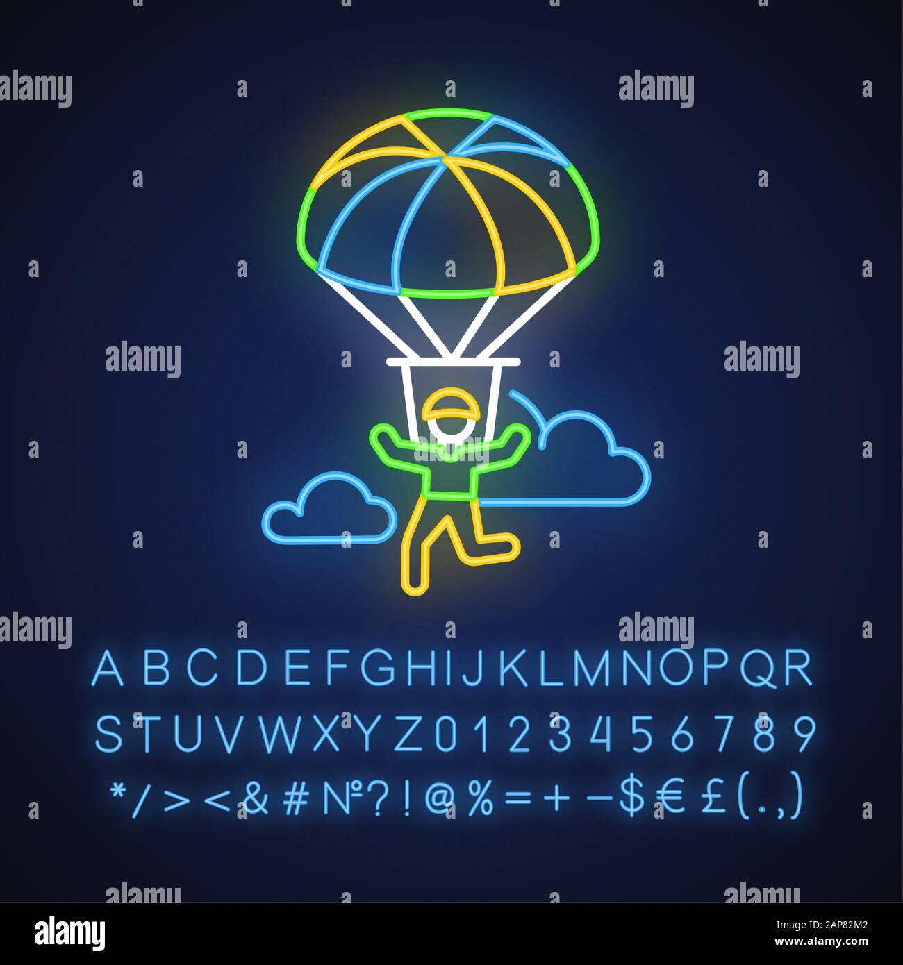 Parachuting neon light icon. Paragliding, paratrooping. Air extreme sport. Skydiving, hang gliding. Flights in sky and jumps with parachute. Glowing a Stock Vector