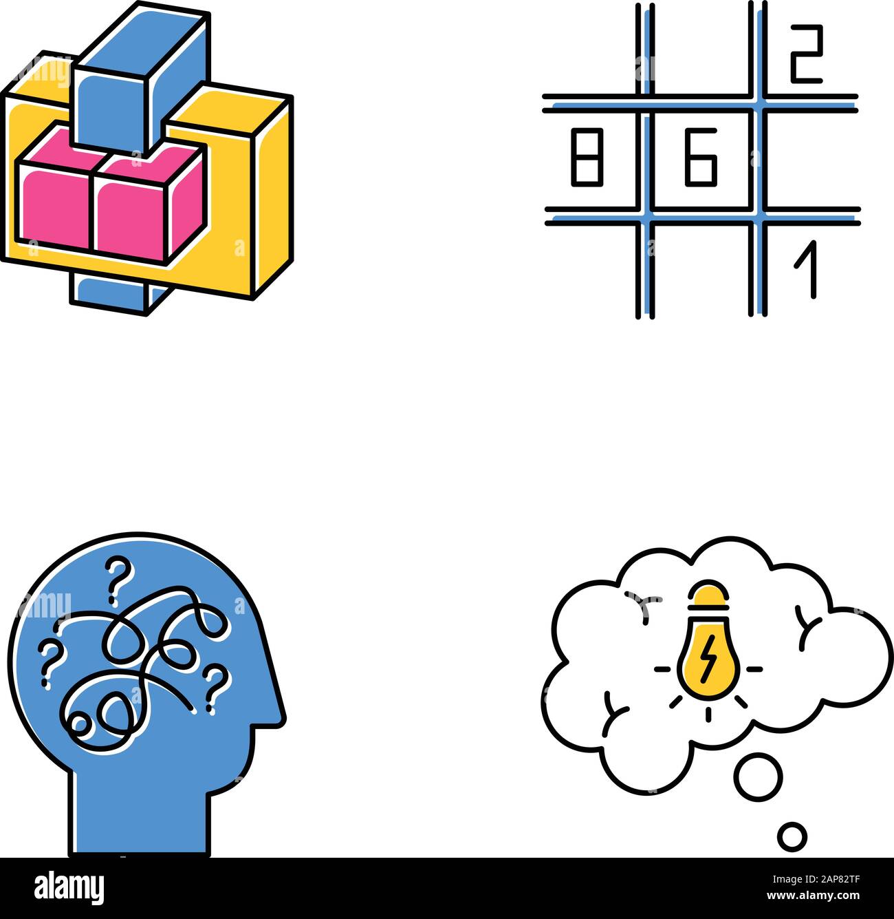 Puzzles and riddles color icons set. Sudoku. Puzzled mind. Problem solving process. Thought bubble. Mechanical puzzles. Logic games. Mental exercise. Stock Vector