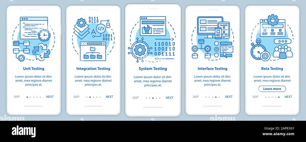 Functional software testing blue onboarding mobile app page screen vector template. Usability analysis. Walkthrough website steps with linear illustra Stock Vector