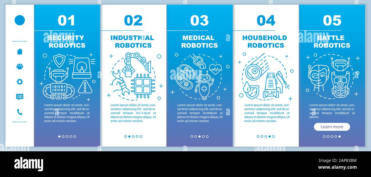 Types robotics onboarding mobile web pages vector template. Cybernetics. Responsive smartphone website interface idea with linear illustrations. Webpa Stock Vector