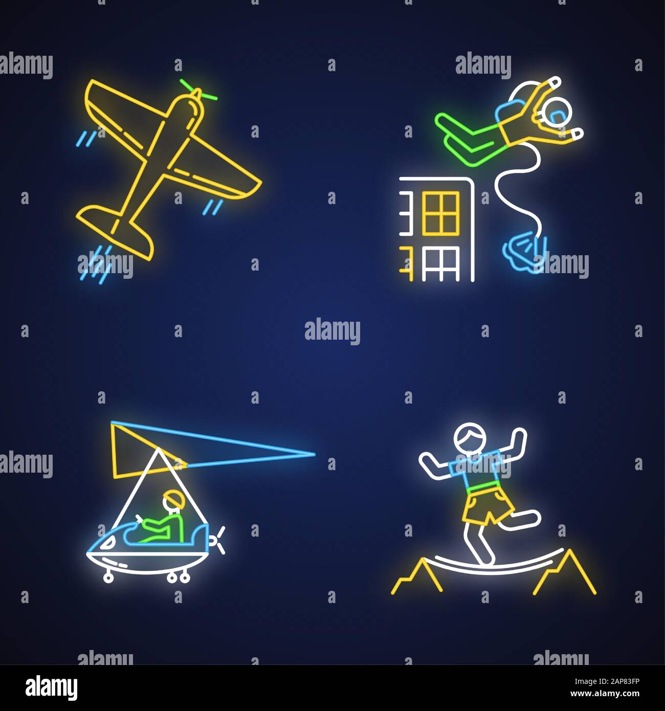 Air extreme sport neon light icons set. Aerobatics, base jumping, micro lighting and highlining. Outdoor activities. Adrenaline entertainment, risky r Stock Vector