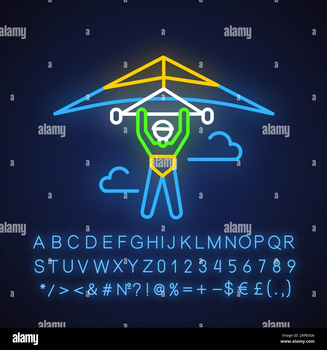Hang gliding neon light icon. Hangglider pilot flying. Extreme air sport. Skydiving stunt. Adrenaline flights in sky. Paragliding trick. Glowing alpha Stock Vector