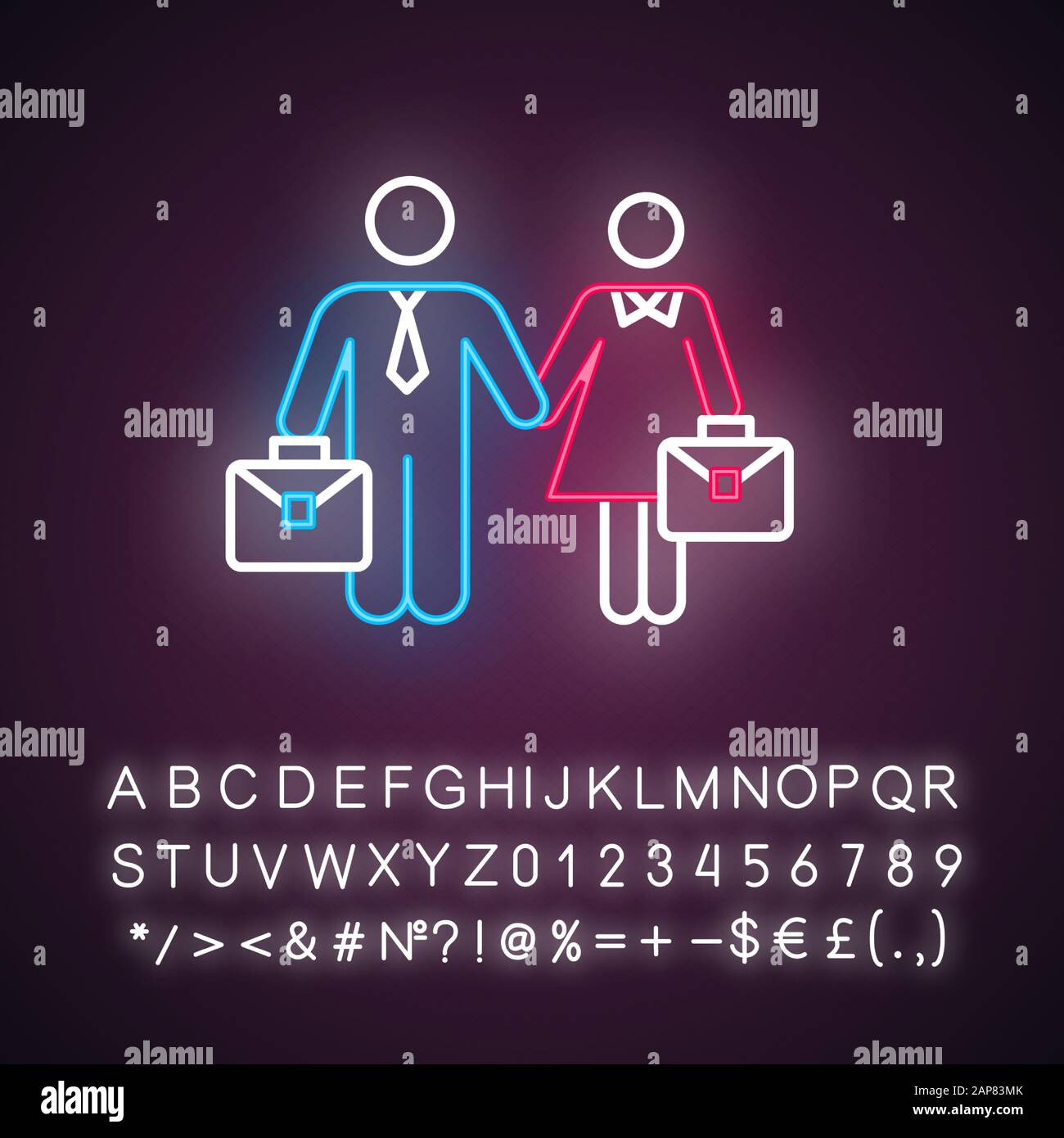 Employment gender equality neon light icon. Woman and man equal work ...