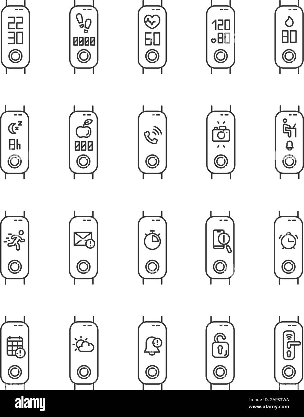 Fitness tracker functions linear icons set. Wellness device reminders ...