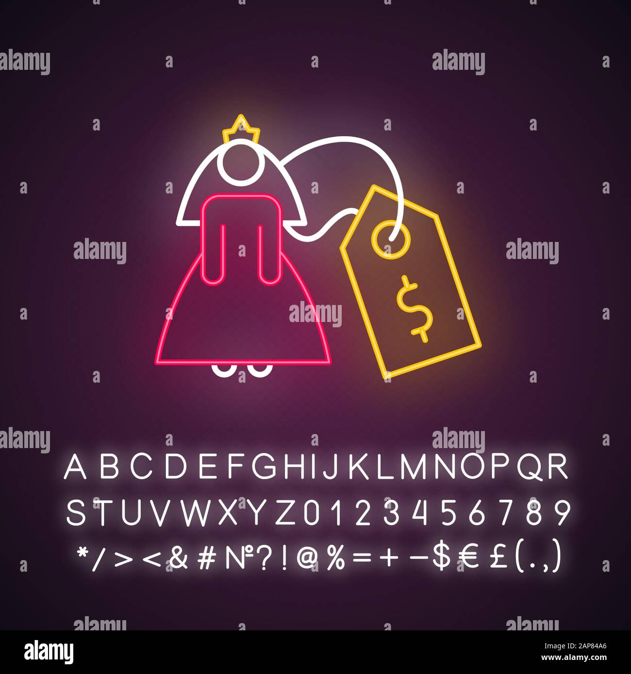 Bride price neon light icon. Female rights violation. Forcible wedlock ...