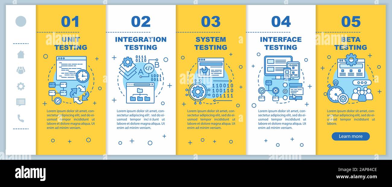 Functional software testing yellow onboarding mobile web pages vector template. Responsive smartphone website interface idea with linear illustrations Stock Vector