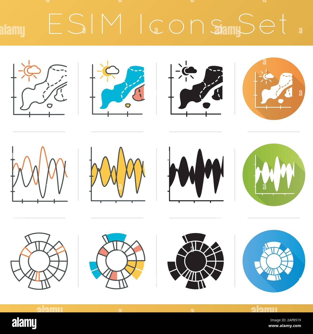 Chart and graph icons set. Temperature map. Sesmic activity. Vibration visualization. Sunburst radial diagram. Business. Flat design, linear, black an Stock Vector