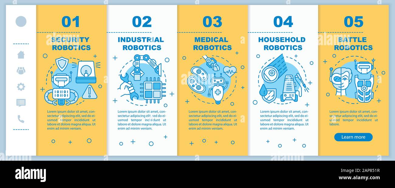 Types robotics onboarding mobile web pages vector template. Cybernetics. Responsive smartphone website interface idea with linear illustrations. Webpa Stock Vector