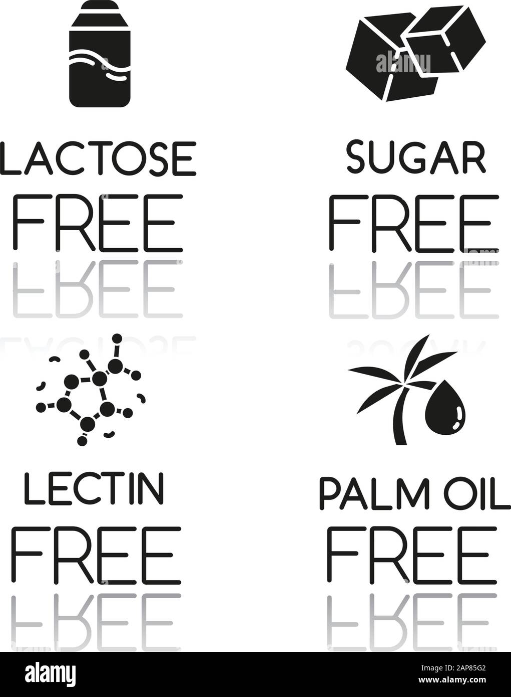 Product free ingredient drop shadow black glyph icons set. No lactose