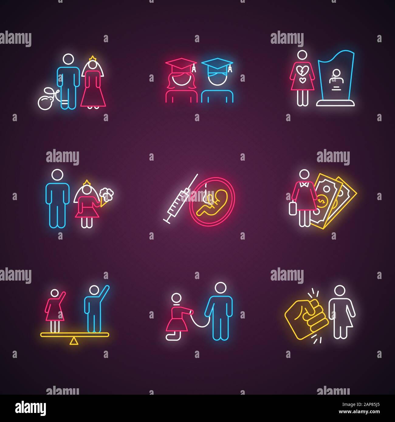 Gender equality neon light icons set. Forced marriage. Education equality. Maternity mortality. Child marriage. Economic activity. Violance against tr Stock Vector
