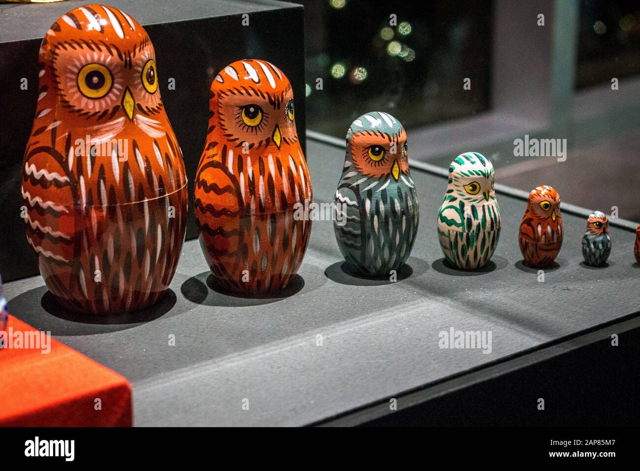 Nesting owl dolls on display at the Frederik Meijer Gardens Stock Photo