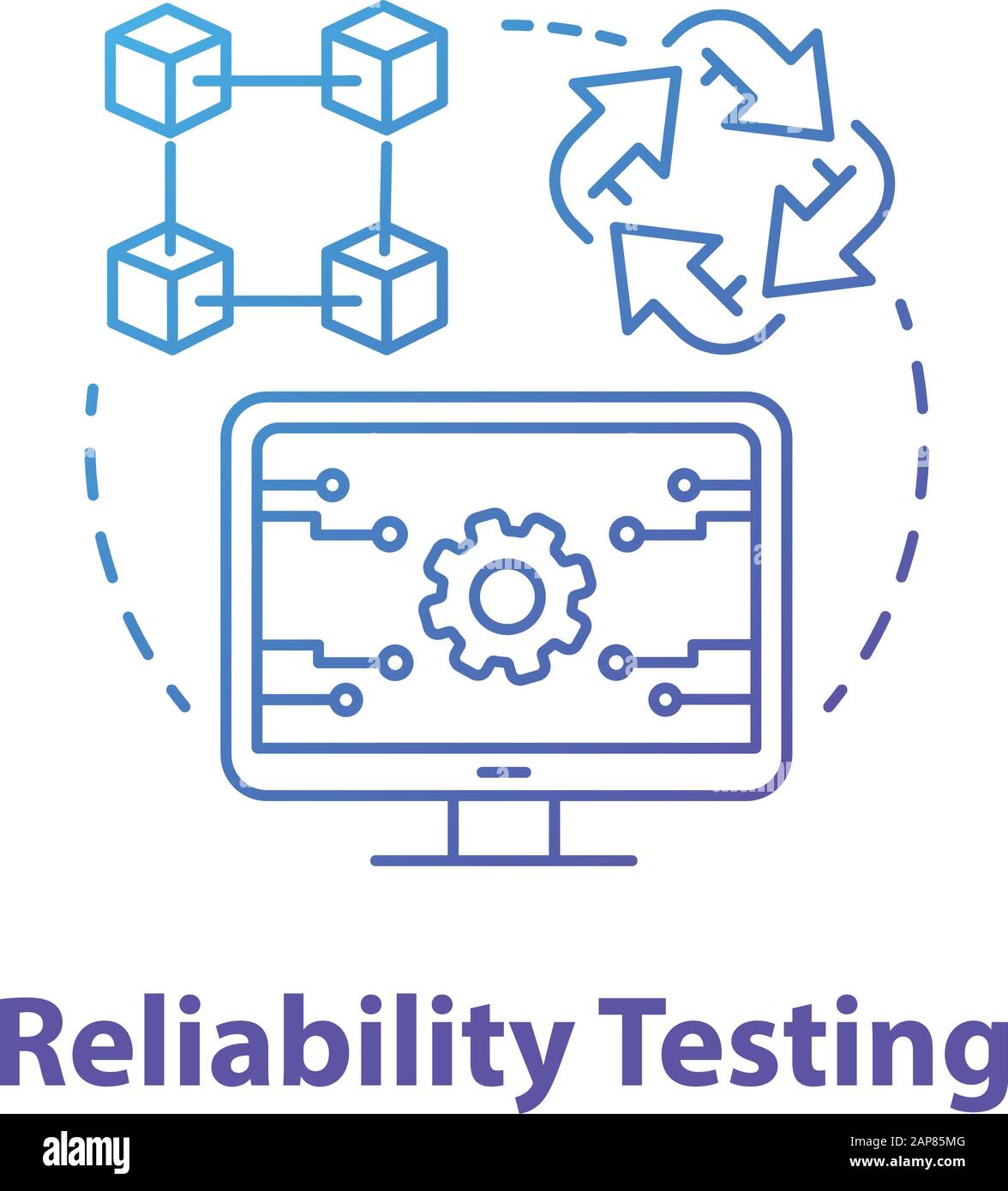 Reliability testing concept icon. Software development type idea thin line illustration. Application programming. Failure-free perfomance. IT project. Stock Vector