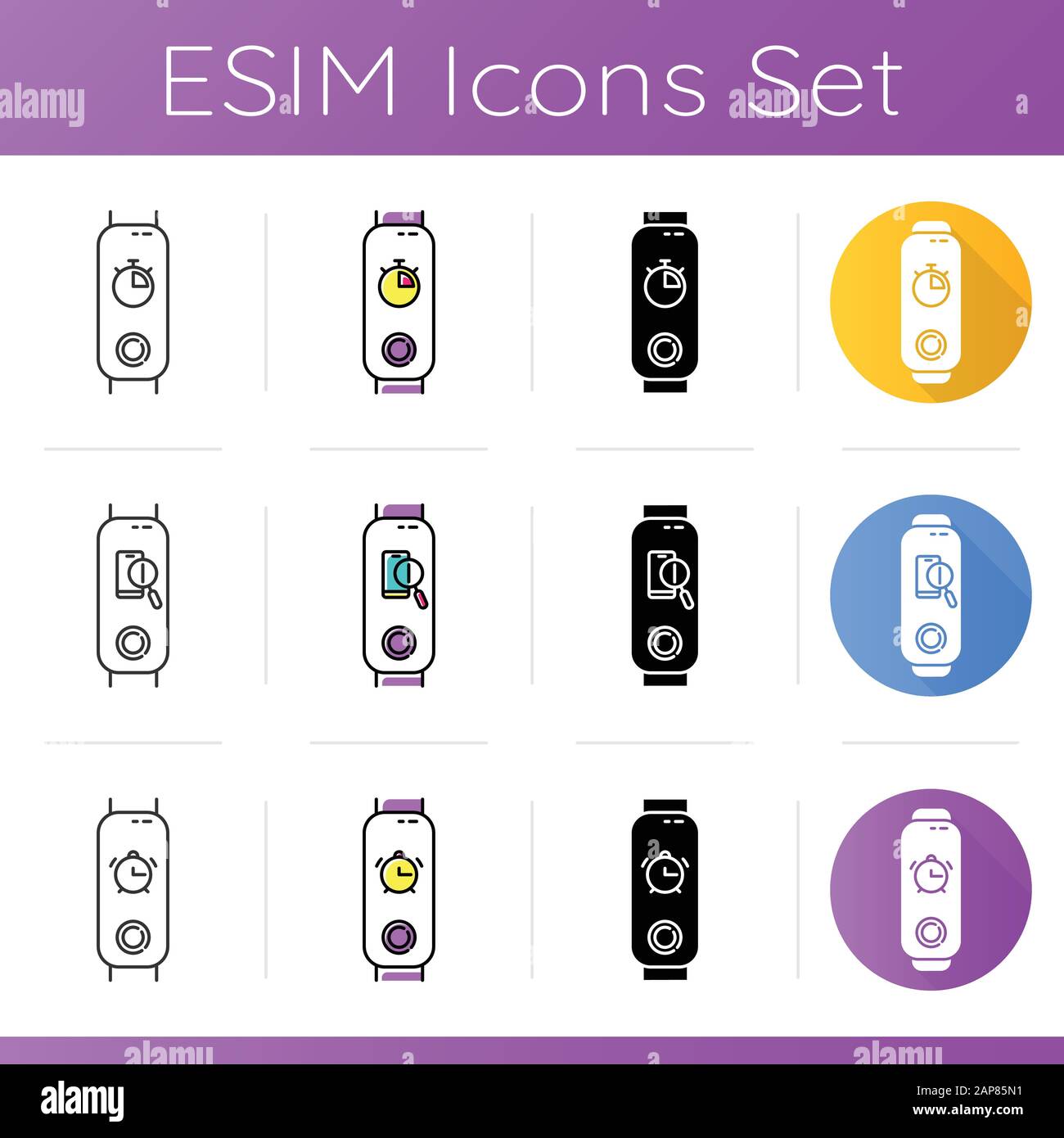 Fitness tracker time control functions icons set. Linear, black and