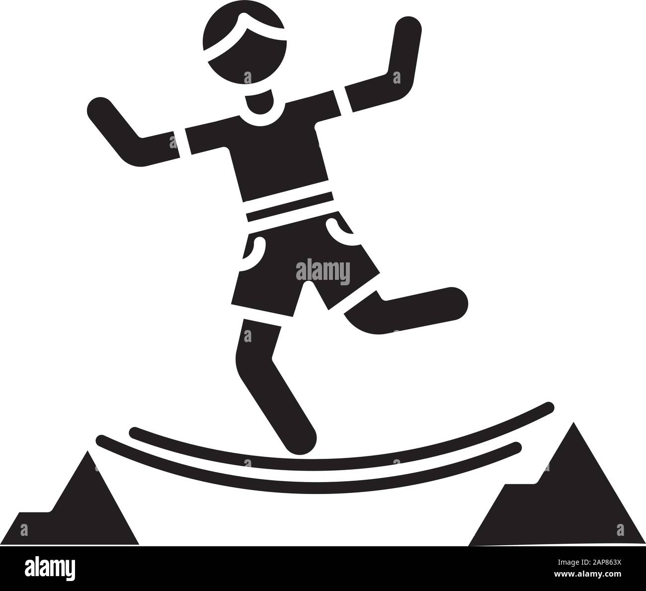 Highlining glyph icon. Slacklining. Walking and balancing on tightrope. Slackliner in mountains. Extreme sport stunt. Walker on rope. Silhouette symbo Stock Vector