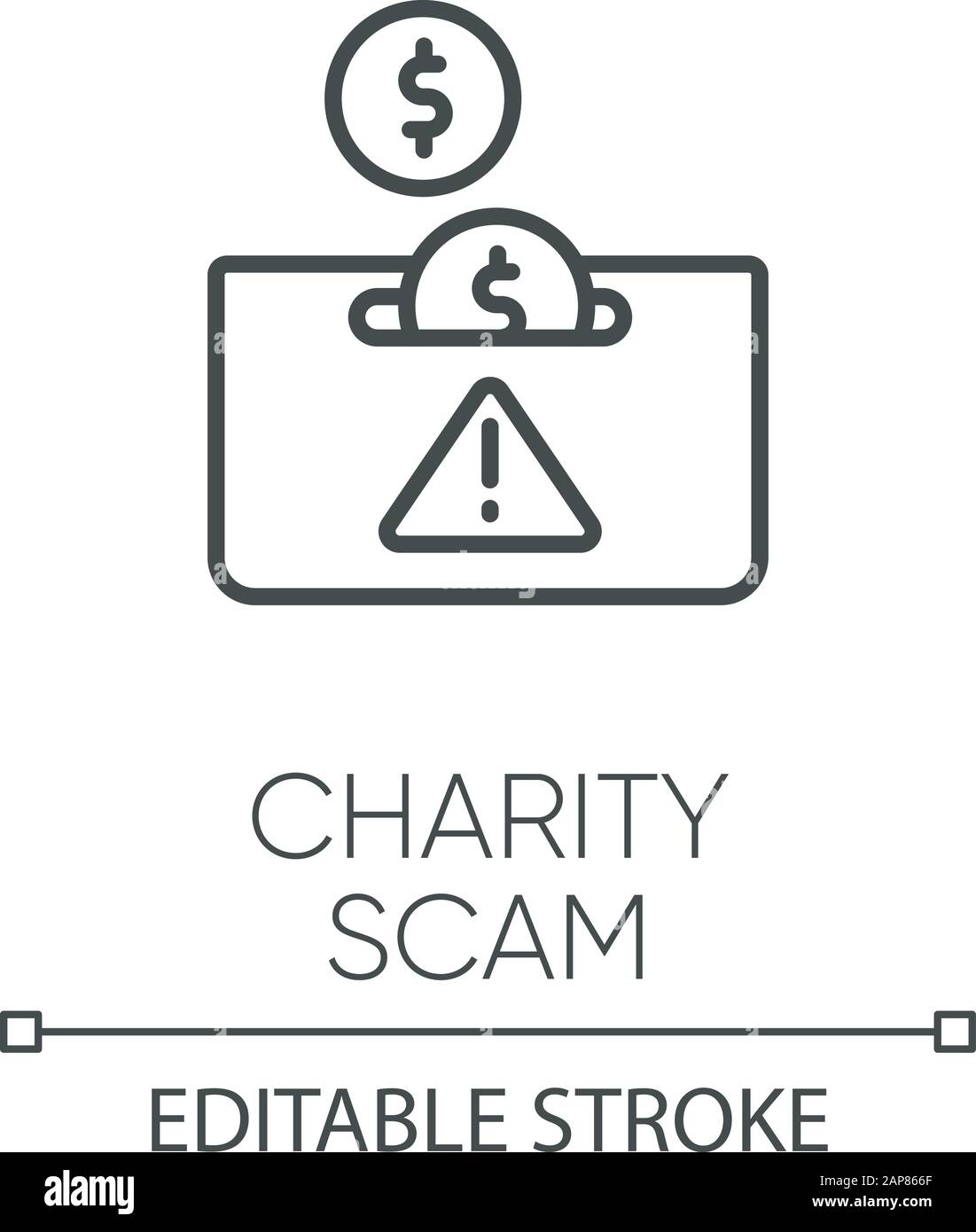 Charity scam linear icon. Sham charity. Fake donation request. False fundraiser. Money theft. Cybercrime. Thin line illustration. Contour symbol. Vect Stock Vector