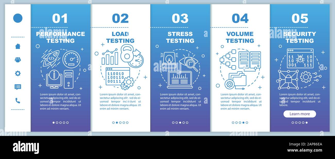 Non-functional software testing onboarding mobile web pages vector template. Responsive smartphone website interface idea with linear illustrations. W Stock Vector
