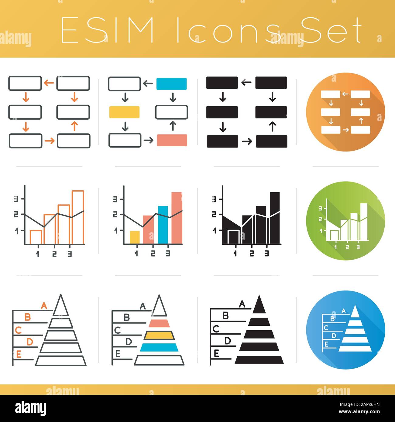 Chart and graph icons set. Connection and wiring diagram. Mixed chart. Pyramid hierarchy. Business organization. Economy. Flat design, linear, black a Stock Vector