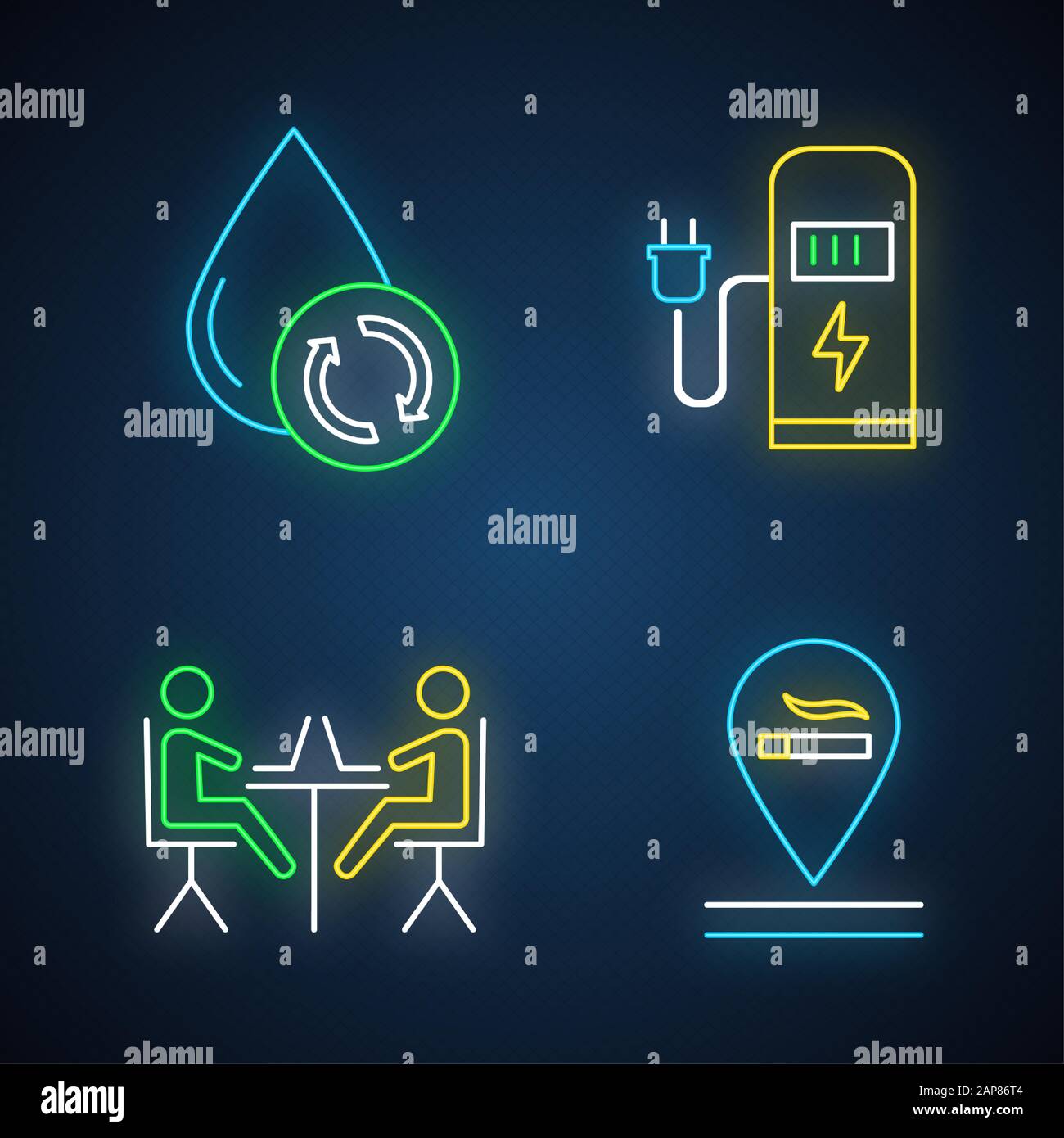 Apartment amenities neon light icons set. Water filtration, car charging station, coworking space, smoking allowed. Comfortable house. Residential ser Stock Vector