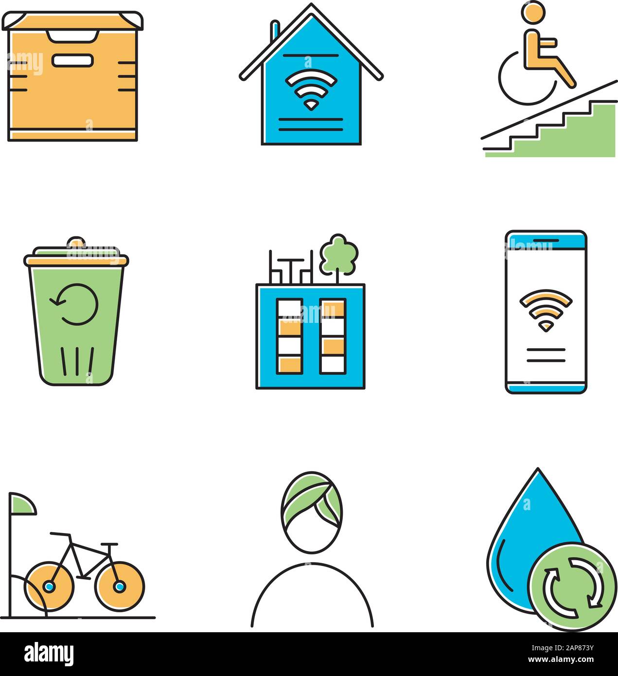 Apartment amenities color icons set. Storage, smart home, wheelchair access, recycling service, rooftop deck, iInternet access, bike parking, spa, wat Stock Vector