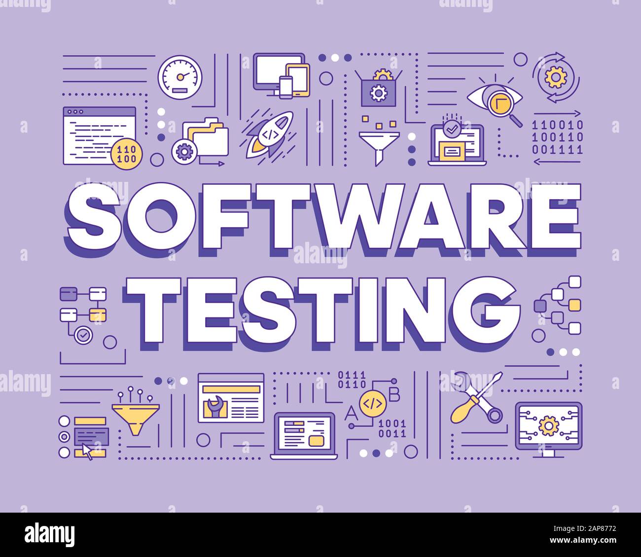 Software testing violet word concepts banner. Examine computer program component. Detect bugs. Presentation, website. Isolated lettering typography id Stock Vector