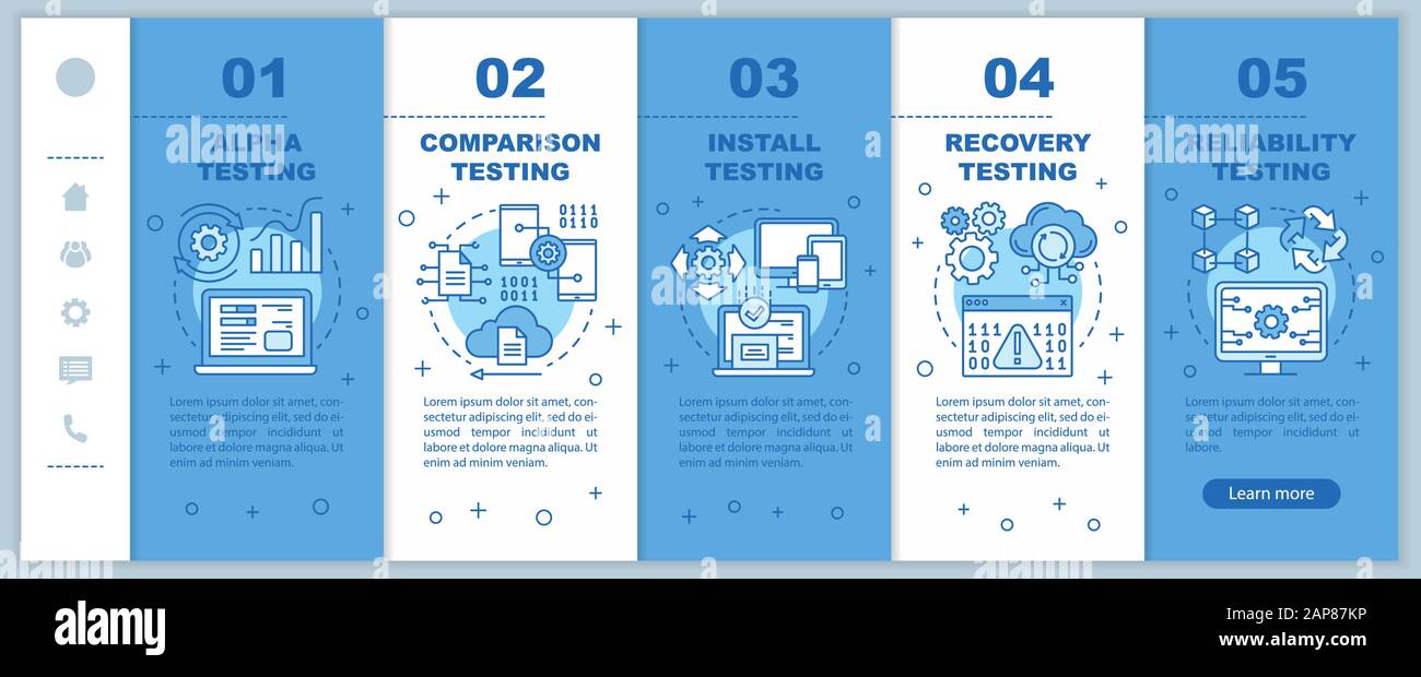 Software performance testing blue onboarding mobile web pages vector template. Responsive smartphone website interface idea with linear illustrations. Stock Vector