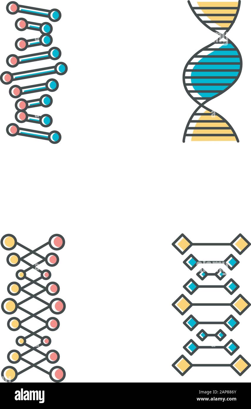 DNA chains color icons set. Deoxyribonucleic, nucleic acid helix. Spiraling strands. Chromosome