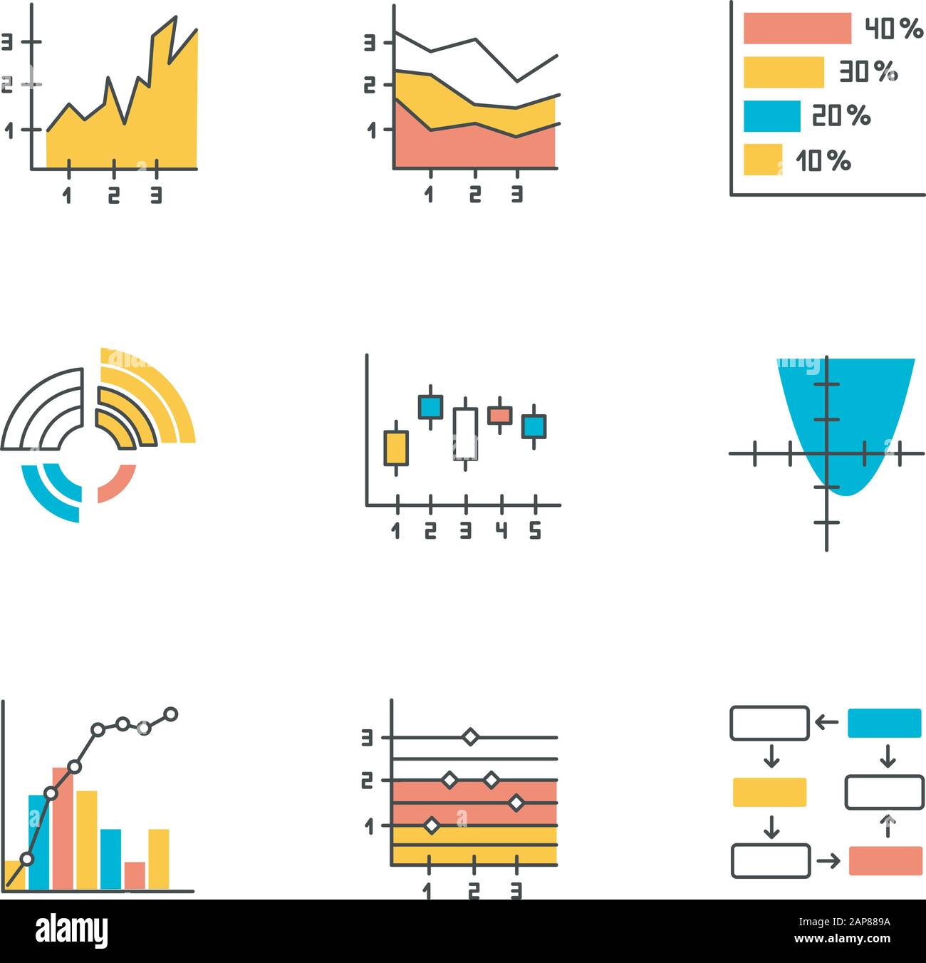 Chart and graph color icons set. Horizontal histogram. Area chart with segments. Function curve. Radial diagram. Pareto curve. Figure chart. Data conn Stock Vector