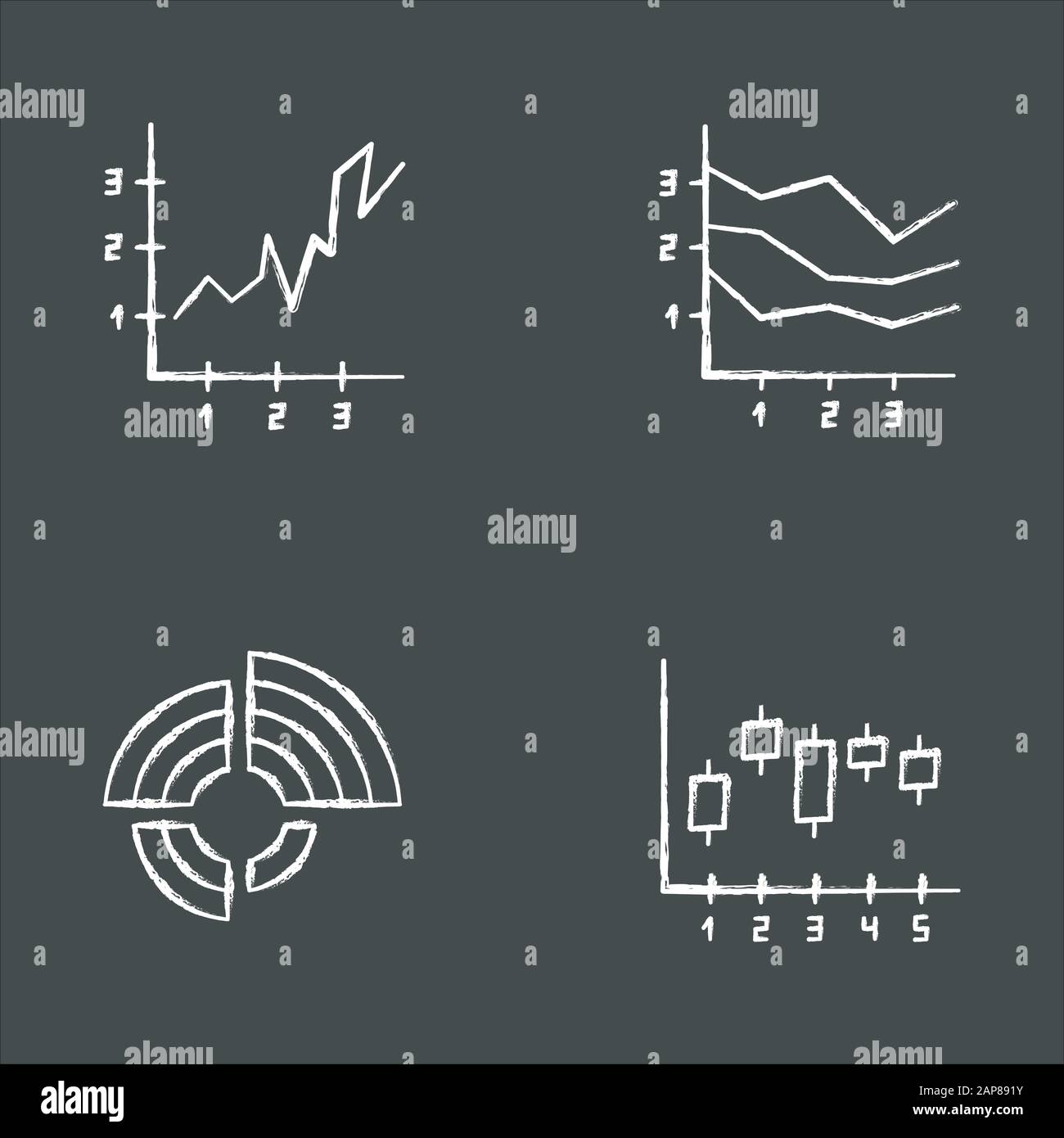 Chart and graph chalk icons set. Radial diagram with increasing values. Area charts with segments. Vertical scatter histogram. Business research, repo Stock Vector