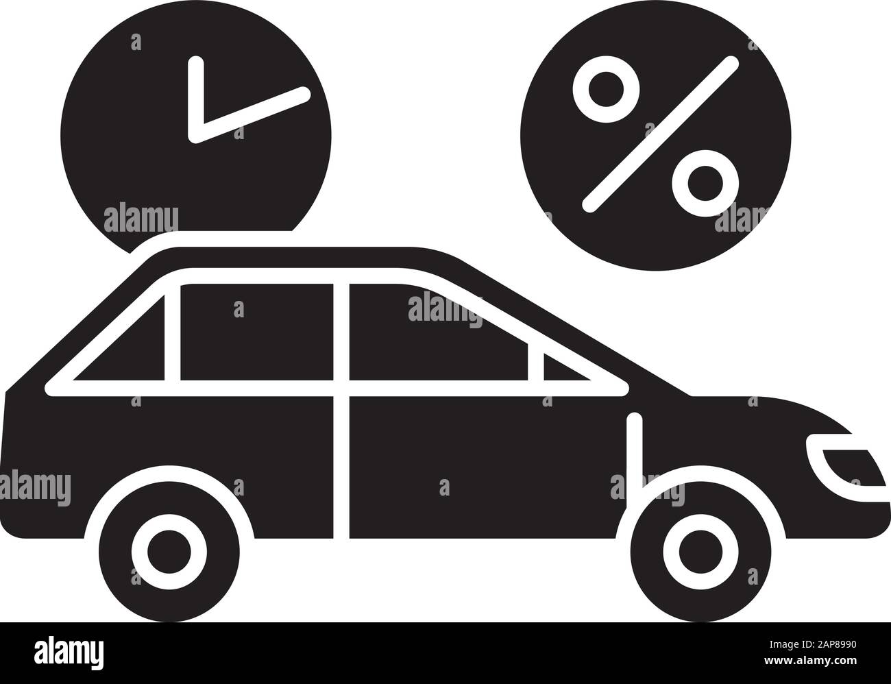 Car finance glyph icon. Take credit to buy auto. Loan money for purchasing vehicle. Borrow, loan money with percentage rate. Silhouette symbol. Negati Stock Vector