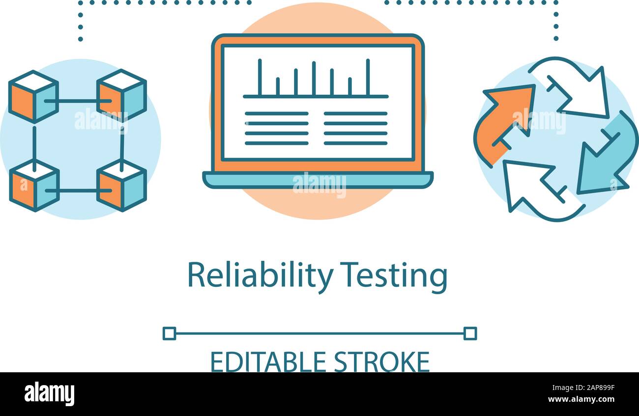 Reliability testing concept icon. Examine computer performance idea thin line illustration. Software testing process. Indicating issues and problems. Stock Vector