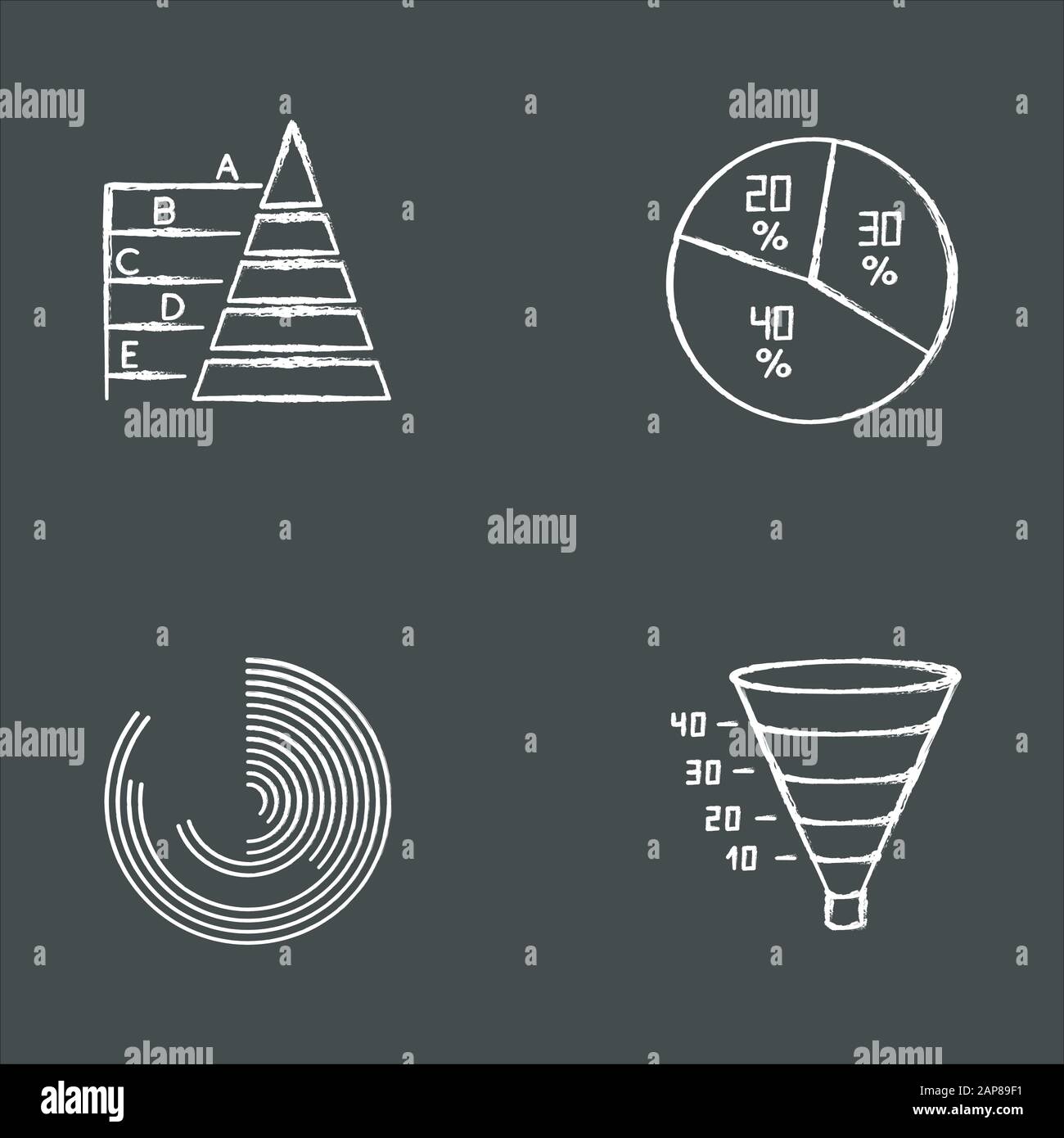 Chart and graph chalk icons set. Pie diagram. Pyramid chart. Polar