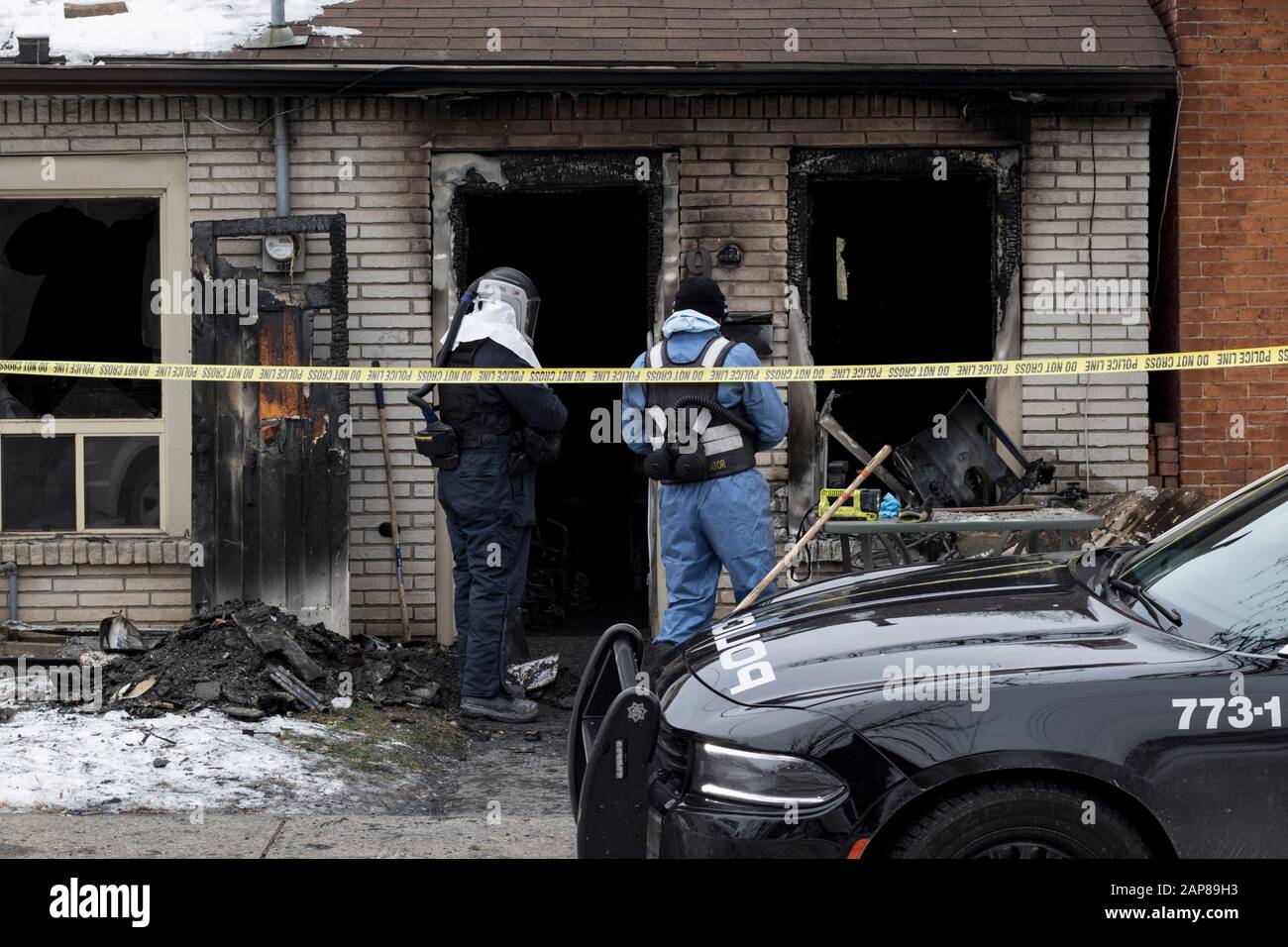 Arson fire investigation and clean up by fire marshal. On scene of an