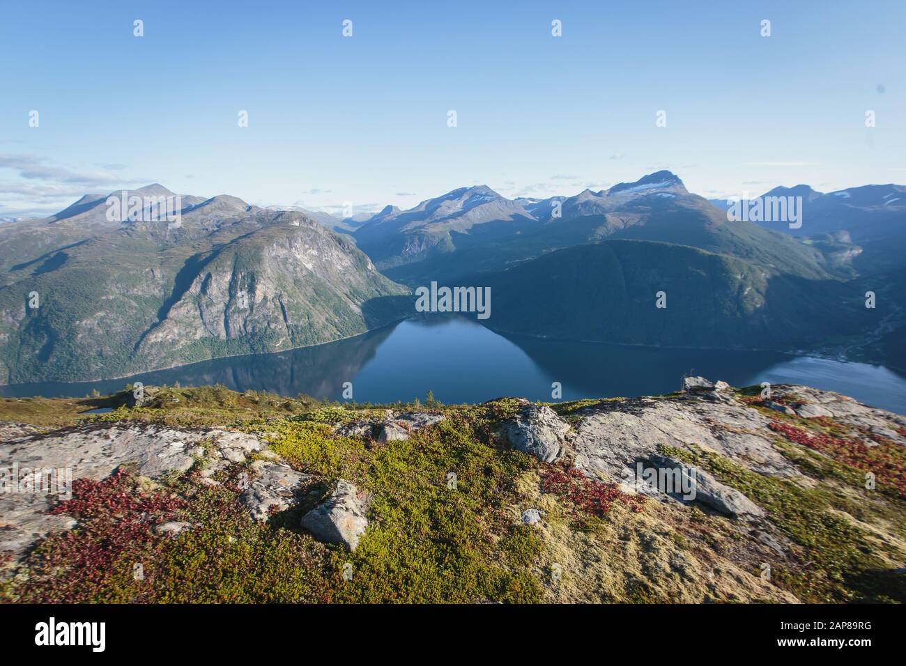 Hiking in Norway, classic norwegian scandinavian summer mountain landscape view with mountains ...