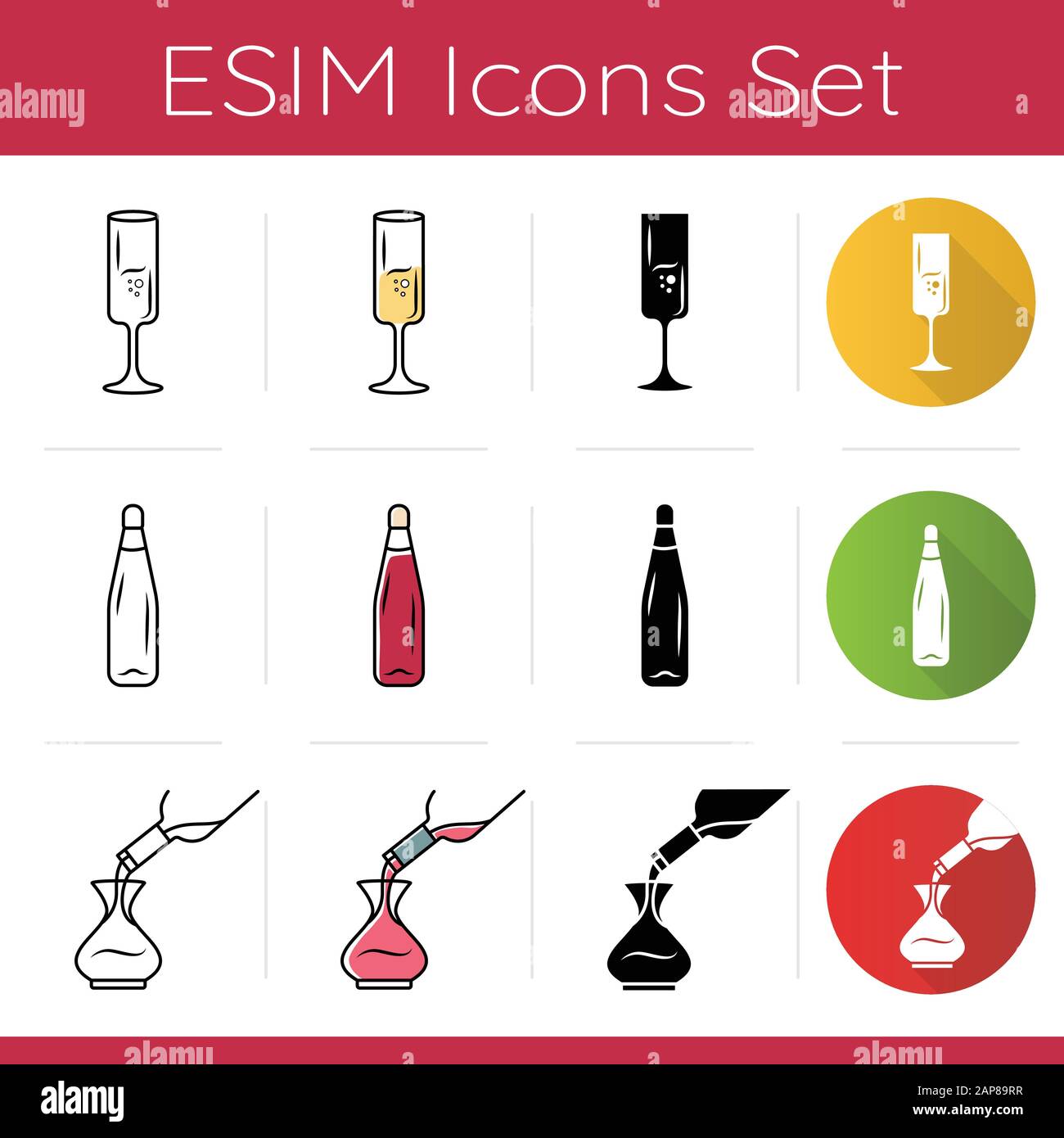 Sommelier glassware icons set. Pouring wine in decanter. Alcohol drink ...
