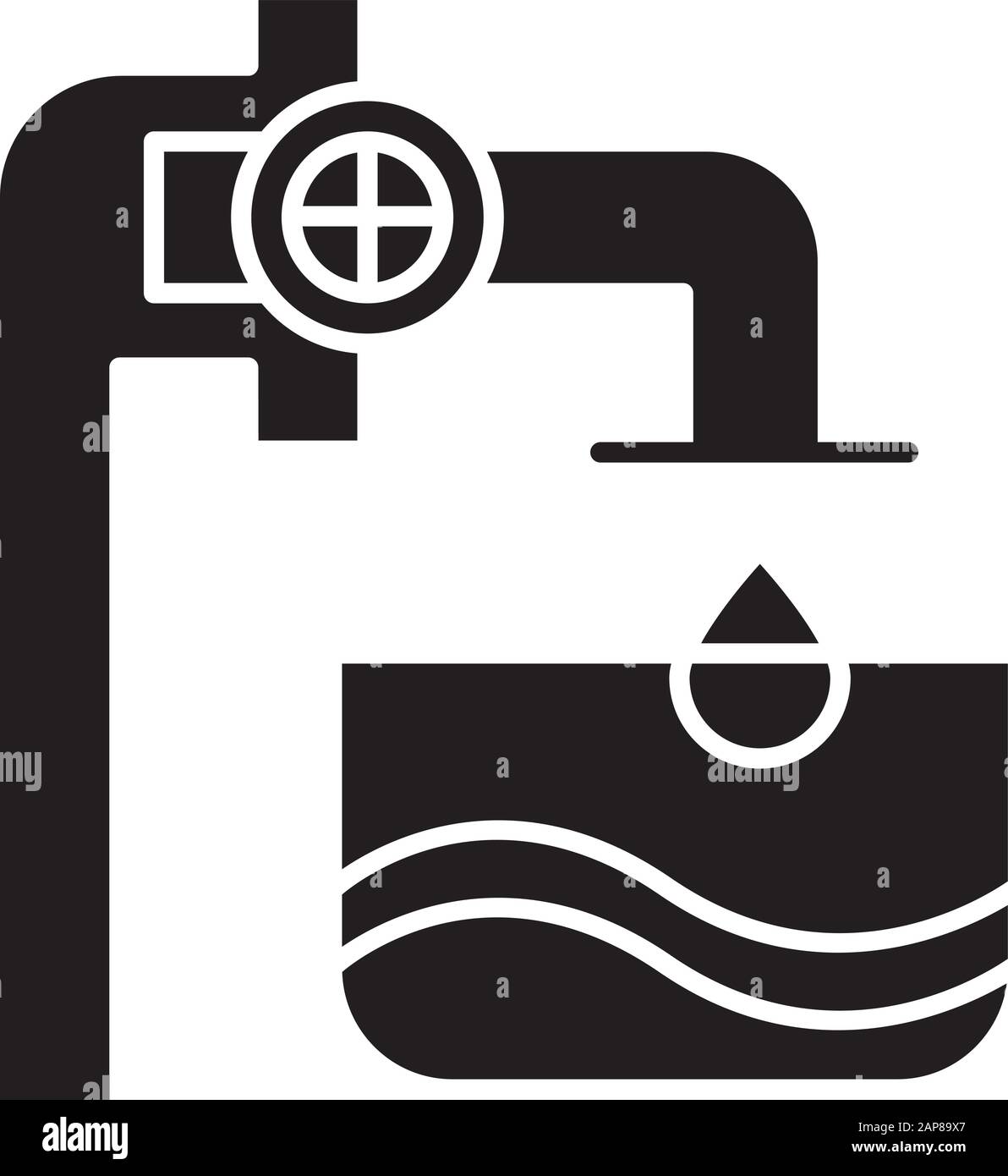 Water industry glyph icon. Blue clear liquid in container. Pipes and valves. Water engineering. Beverage production services. Silhouette symbol. Negat Stock Vector