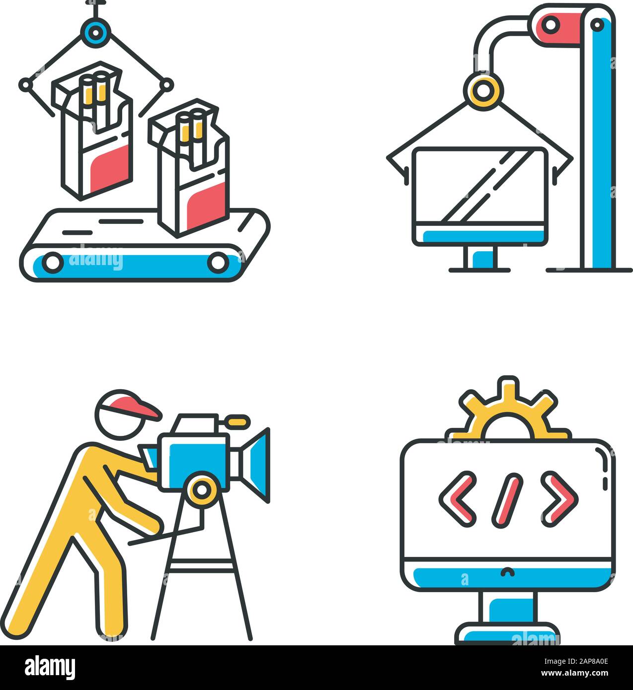 Industry types color icons set. Tobacco, computer, film production, IT ...