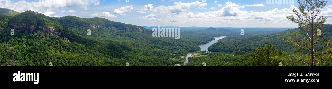 Wide panorama of lake lure in North Carolina, United States, as seen from Chimney Rock Stock Photo