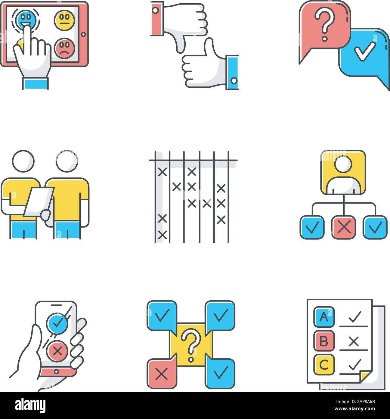 Survey color icons set. Choose satisfaction level. Online feedback. Like and dislike. Question and answer. Interview. Oral survey. Personal profile. T Stock Vector