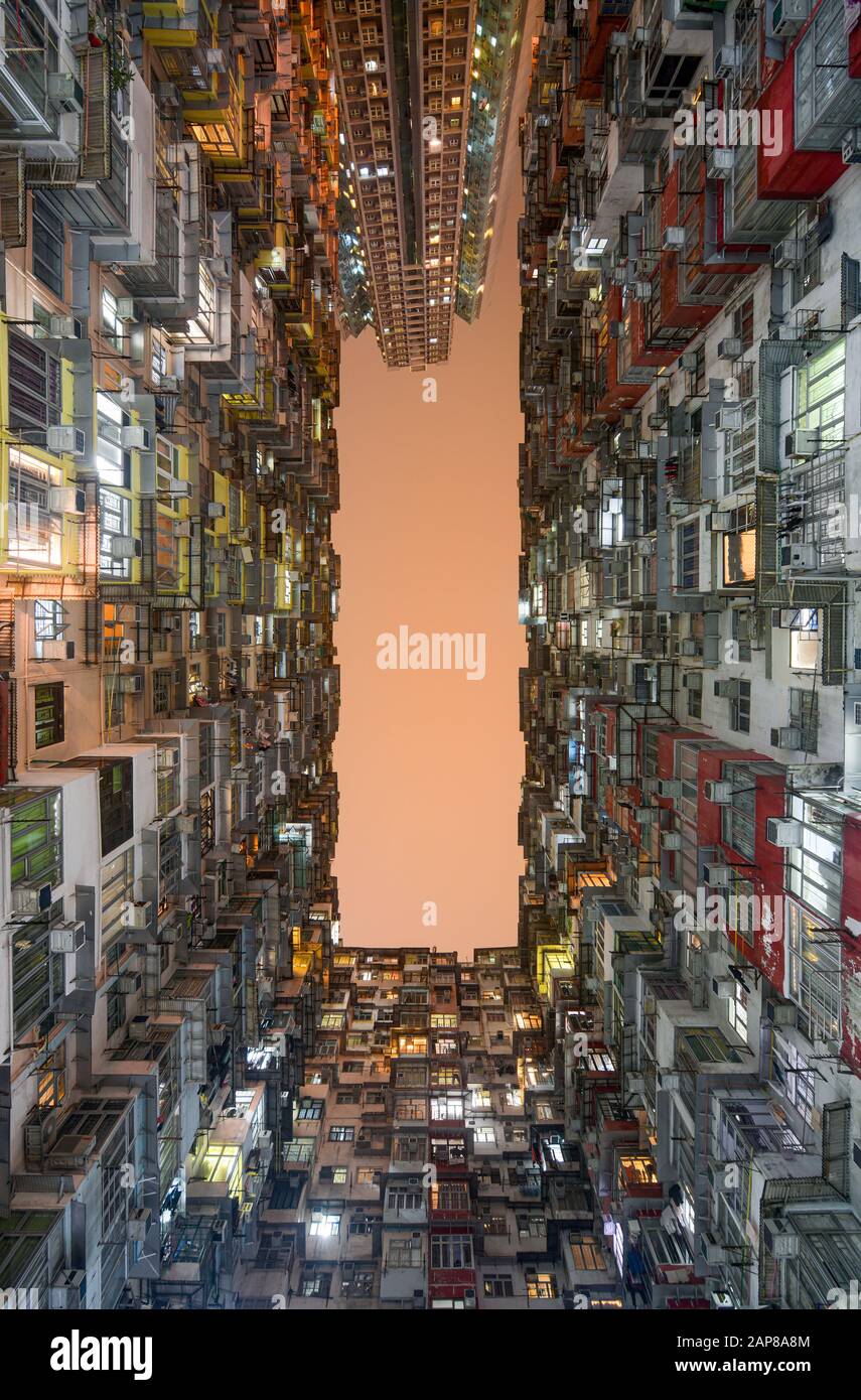 Hong Kong - March 11, 2019 - Cramped living spaces at the Montane Mansion apartments in Hong Kong's Quarry Bay district Stock Photo